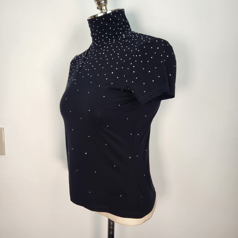 St. John Caviar Womens Black Studded Mock Neck Short Sleeve Top M Sparkle - Picture 2 of 11